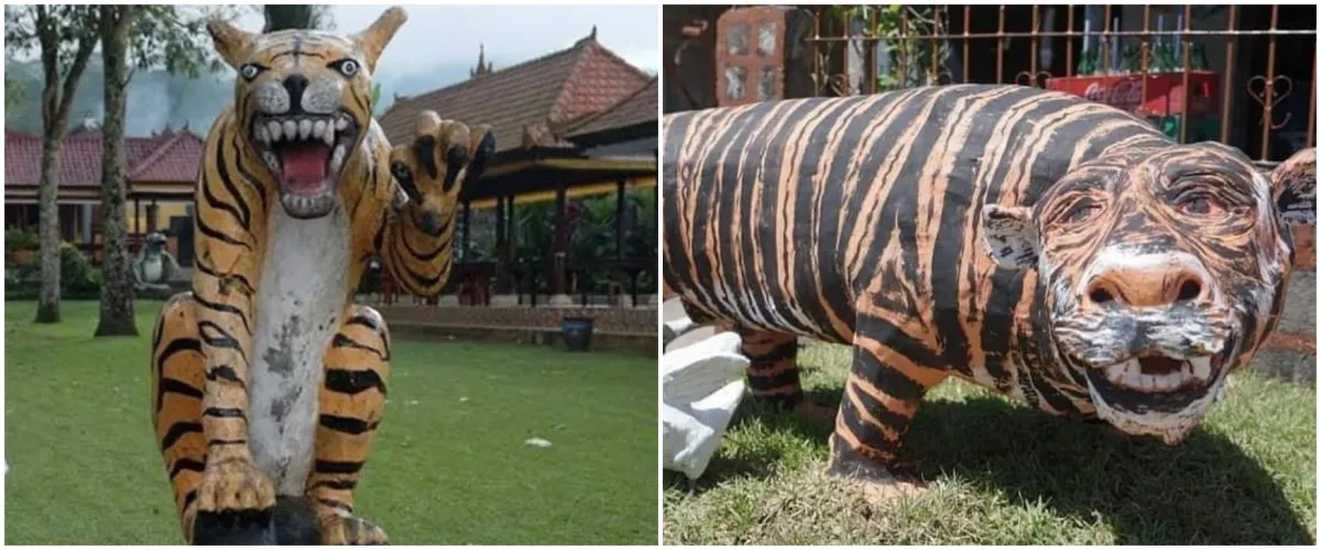 17 Penampakan nyeleneh patung harimau ini beda jauh sama aslinya