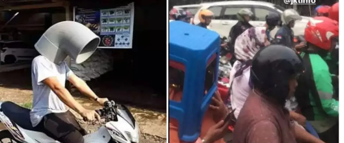 45 Potret kocak orang pakai helm kelewat absurd ini bikin pengendara lain hilang fokus, nyeleneh pol