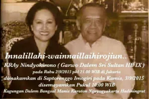 Kabar duka, KRAy Nindyokirono istri HB IX meninggal dunia