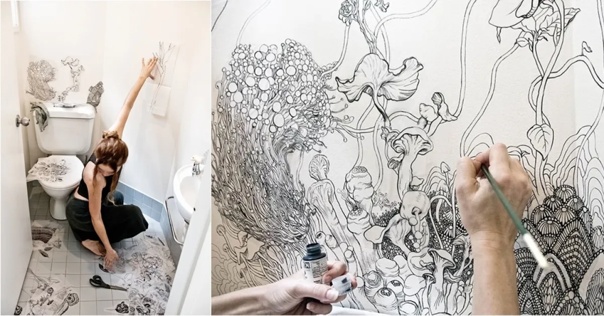 Diberi sentuhan seni pada dinding, toilet menjadi indah begini