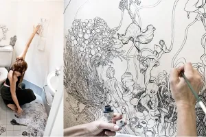 Diberi sentuhan seni pada dinding, toilet menjadi indah begini