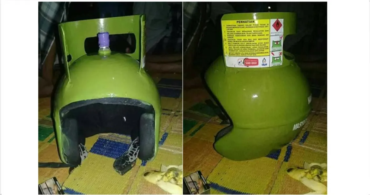 Tabung gas LPG 3 kg ini diubah jadi helm, kocak parah