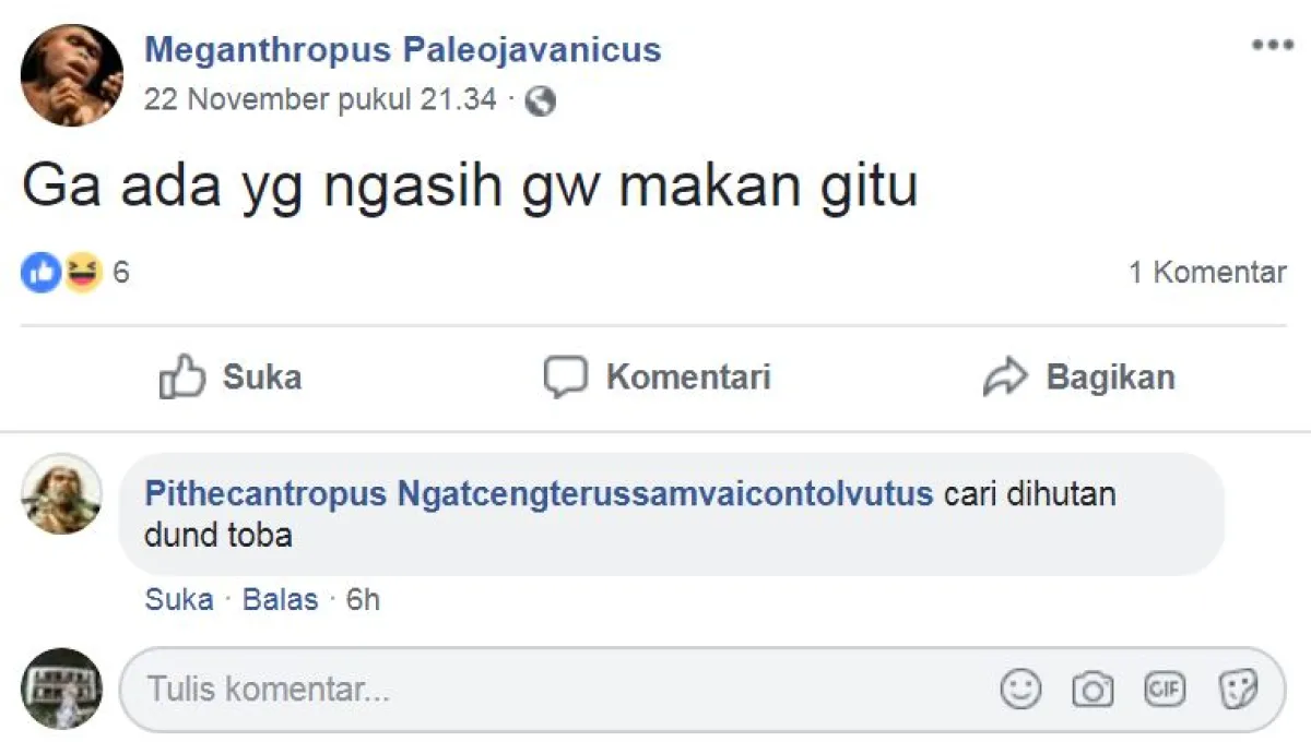 13 Status lucu akun Facebook pakai nama manusia purba ini bikin ngakak