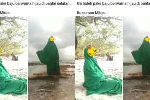 Viral emak-emak pakai baju hijau di Pantai Selatan
