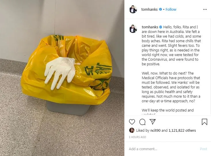 Tom Hanks positif © 2020 Instagram/@showbiz_glazami_baby_grishy ; @themascotnews