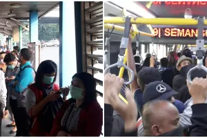 6 Potret antrean penumpang Trans Jakarta usai pembatasan rute