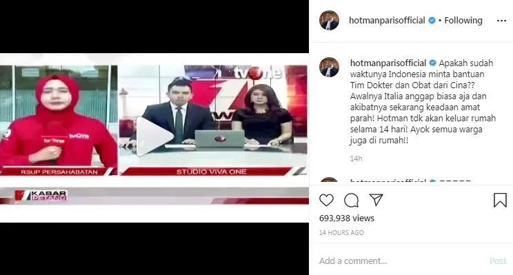 Hotman Paris sarankan RI © 2020 Instagram/@hotmanparisofficial