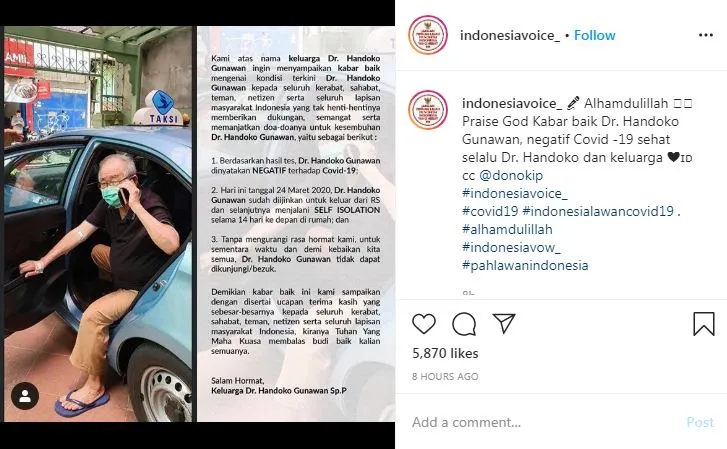 Dokter Handoko negatif Corona © 2020 Twitter/@Stevaniehuangg ; Instagram/indonesiavoice_ Dokter Handoko negatif Corona © 2020 Twitter/@Stevaniehuangg ; Instagram/indonesiavoice_