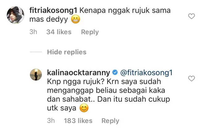 Kalina jawab soal rujuk © 2020 brilio.net Instagram/@kalinaocktaranny