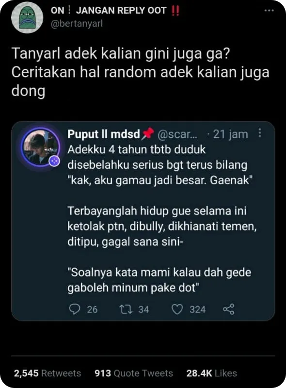 cuitan netizen soal celotehan adik 01 © Twitter cuitan netizen soal celotehan adik 01 © Twitter