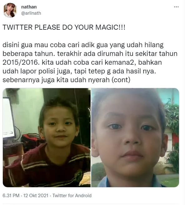 kakak temukan adiknya yang 5 tahun hilang berkat Twitter © 2021 brilio.net kakak temukan adiknya yang 5 tahun hilang berkat Twitter © 2021 brilio.net