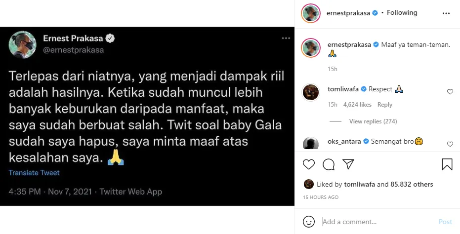 Klarifikasi Ernest Prakasa usai buat cuitan soal Gala Instagram Klarifikasi Ernest Prakasa usai buat cuitan soal Gala Instagram