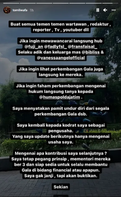 tom liwafa berhenti posting vanessa © 2021 Instagram