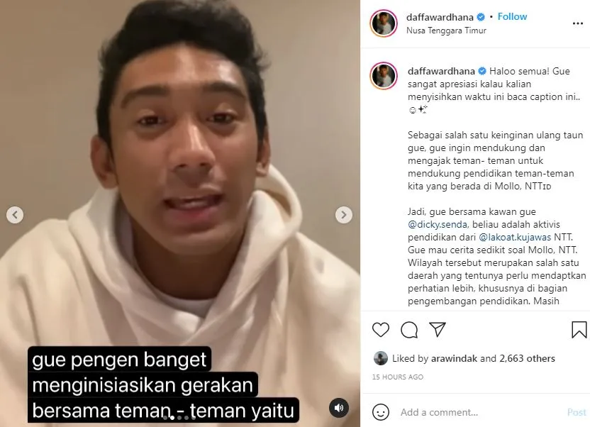 Daffa Wardhana bantu pendidikan anak NTT Instagram