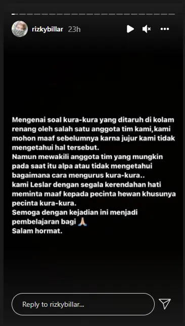 Rizky Billar minta maaf soal kura-kura Instagram