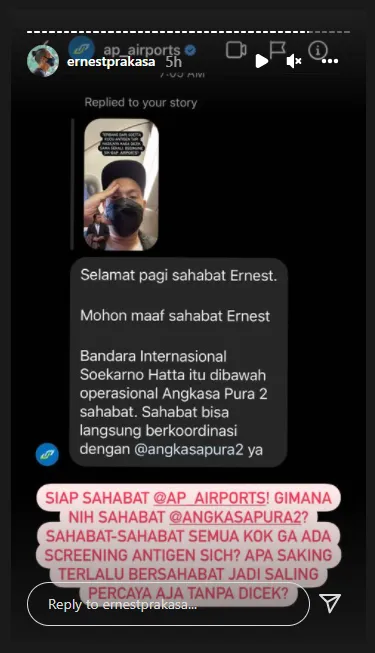Ernest Prakasa beri sindiran pedas pada petugas bandara Instagram