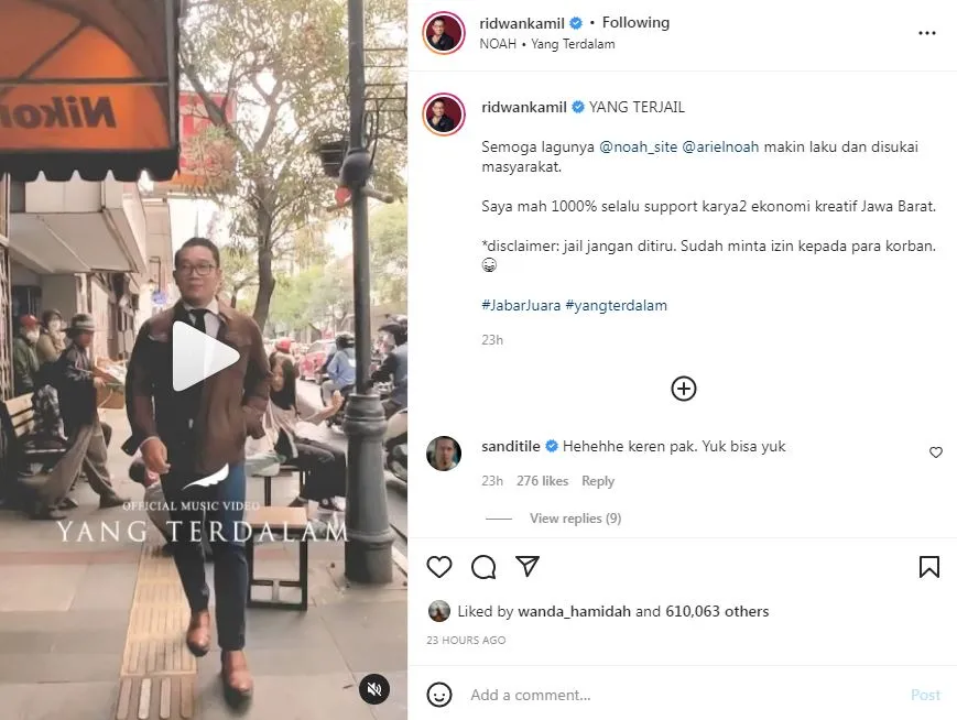 Parodikan klip Noah 'Yang Terdalam' ala Ridwan Kamil Instagram Parodikan klip Noah 'Yang Terdalam' ala Ridwan Kamil Instagram