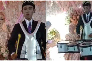 Pernikahan unik, mempelai pria nekat main drumband di tengah resepsi