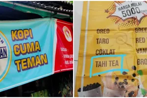 11 Tulisan kocak di spanduk dagang minuman kekinian, bikin gagal fokus