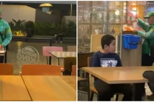 Aksi driver ojol bantu bersihkan sisa makanan di restoran, bikin salut