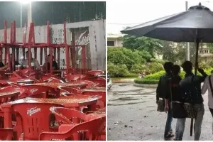 11 Kelakuan kocak orang saat berteduh ini kreatif banget idenya