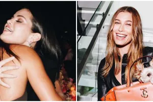 Momen pertemuan perdana Selena Gomez dan Hailey Bieber, saling pelukan