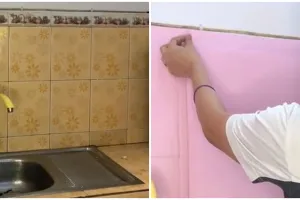 Cukup pakai wallpaper, ini cara mudah makeover dapur sempit jadi serba pink dengan budget minimal