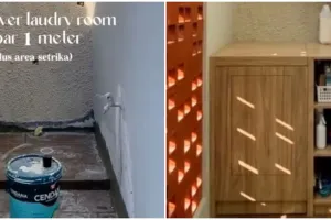 Ruangan kosong lebar satu meter di makeover jadi area laundry dan setrika, meski sempit tapi nyaman