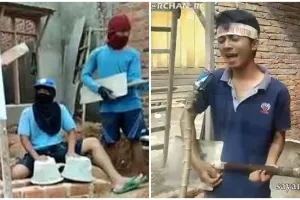 11 Potret kocak aksi kuli bangunan berpose ala anak band pakai alat kerja ini bikin nyengir receh