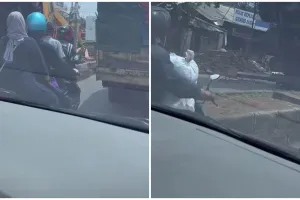 Ngenes tapi bikin melongo, posisi truk crane terjungkal di Cibinong ini mirip Transformer