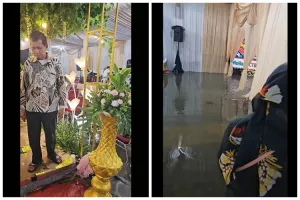 Viral kondangan pernikahan di tengah genangan banjir, tamu undangan datang naik gerobak