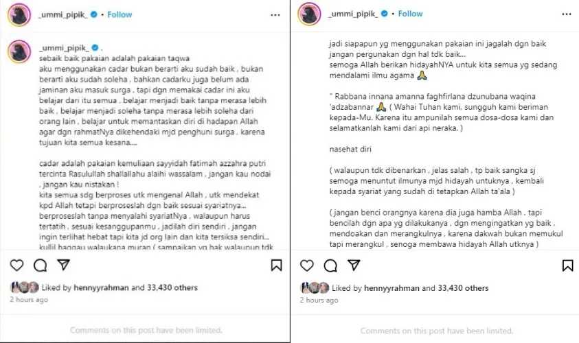 tanggapan Umi Pipik nasihati Wanda Hara © Instagram