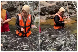 Momen kocak emak-emak kasih makan ikan sambil merem, warganet: Ibunya adalah Avatar pengendali ikan