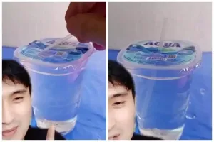 Cara menusukkan sedotan tumpul ke gelas air mineral tanpa bantuan kunci atau jarum