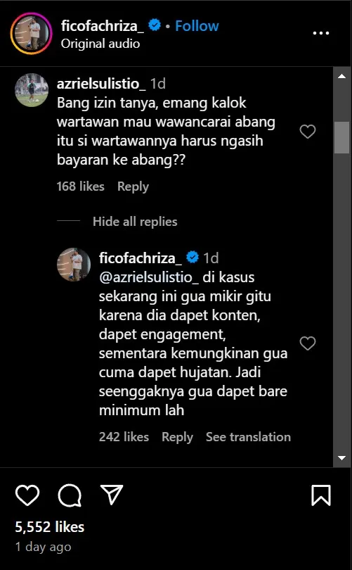 Fico Fachriza minta bayaran ke wartawan © Instagram