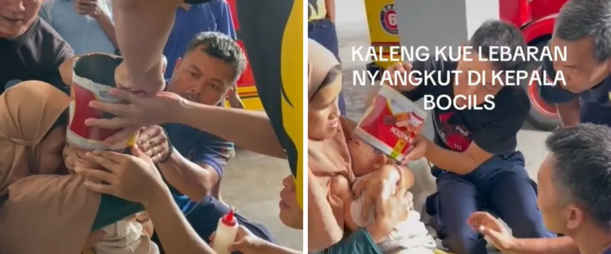 Viral kepala balita nyangkut di kaleng kue Lebaran, Damkar turun tangan, momen evakuasinya dramatis