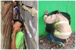 Detik menegangkan damkar evakuasi nenek di Gresik yang terjebak di celah rumah, jebol tembok tetangga