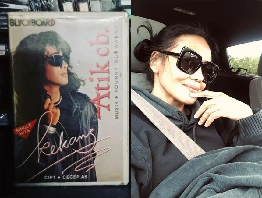 Atiek CB dulu saat jadi model sampul kaset dan kini © 2022 Instagram 