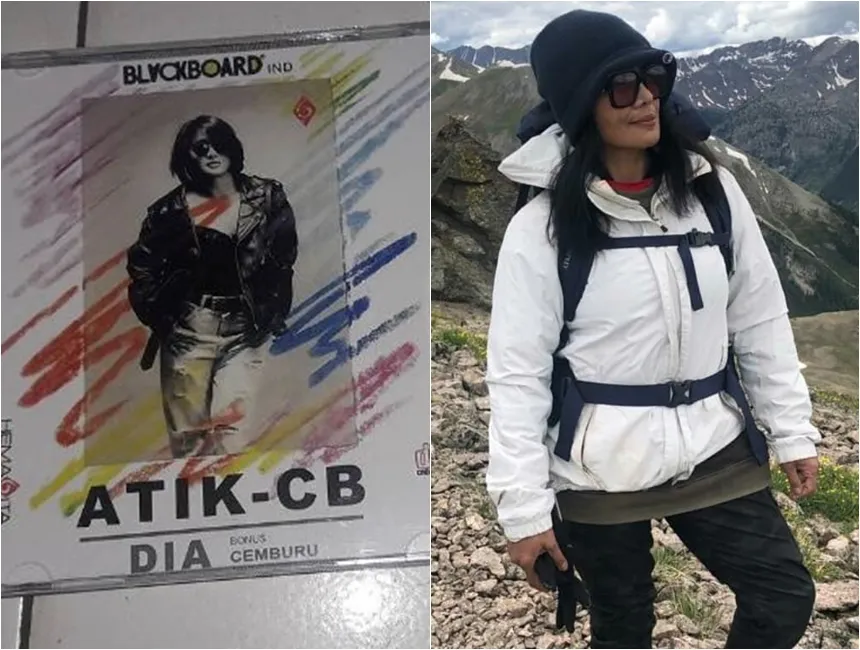Atiek CB dulu saat jadi model sampul kaset dan kini © 2022 Instagram 