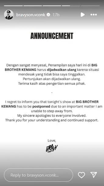 DJ Bravy batalkan pekerjaan demi temani Erika Carlina © 2025 Instagram DJ Bravy batalkan pekerjaan demi temani Erika Carlina © 2025 Instagram