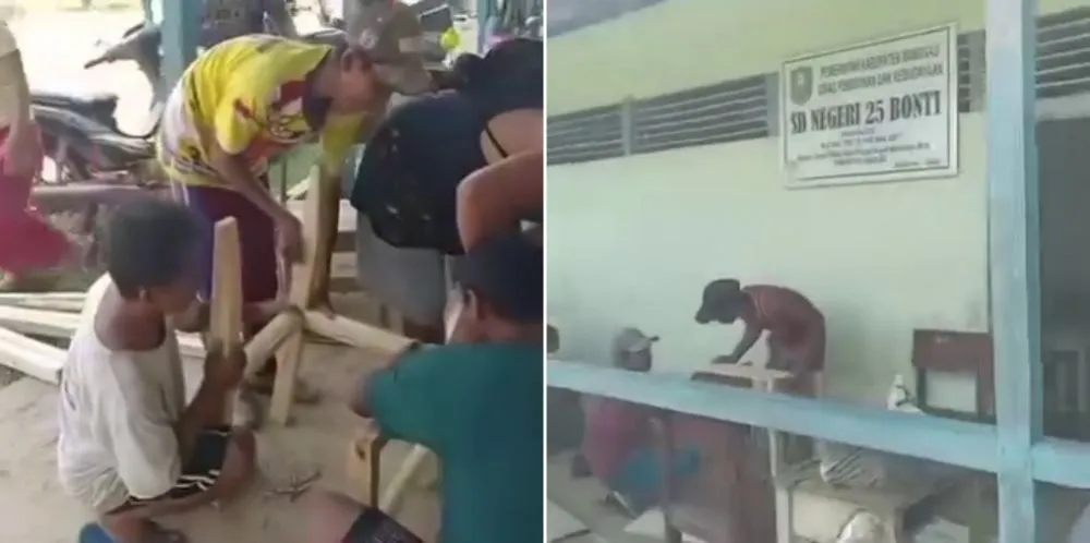 Wali murid dan guru SDN 25 Bonti buat meja dan kursi © 2025 Instagram Wali murid dan guru SDN 25 Bonti buat meja dan kursi © 2025 Instagram