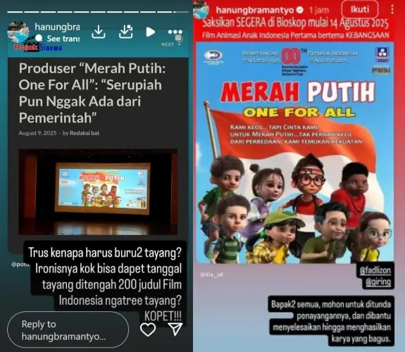 Hanung Bramantyo kritik film animasi Merah Putih © Instagram Hanung Bramantyo kritik film animasi Merah Putih © Instagram
