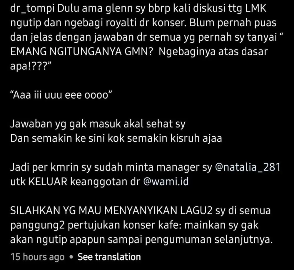 Tompi hengkang dari WAMI © Instagram Tompi hengkang dari WAMI © Instagram