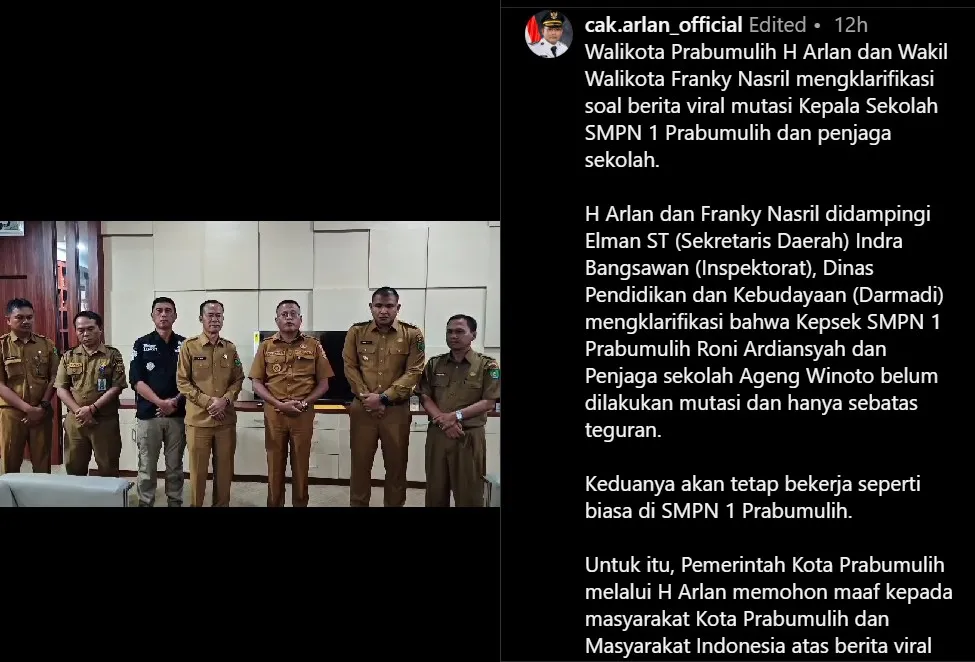 Walikota Prabumulih klarifikasi © Instagram Walikota Prabumulih klarifikasi © Instagram