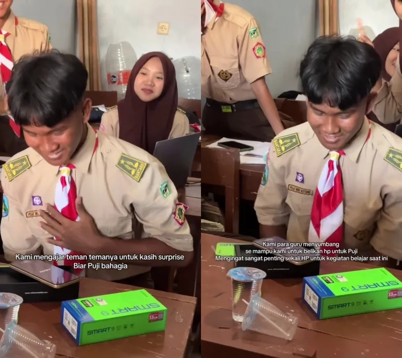 Siswa diberi kejutan teman dan guru berupa HP baru © 2025 TikTok