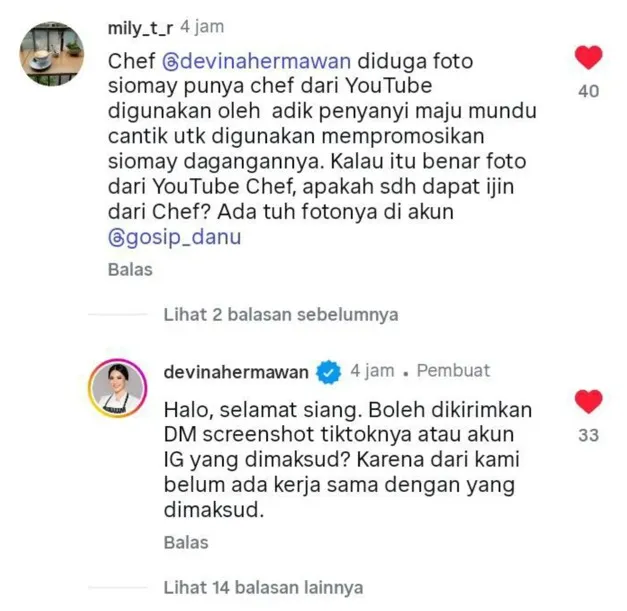 Tanggapan Devina MasterChef usai foto masakannya © berbagai sumber