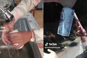 Hari apes tak ada di kalender, jempol wanita ini nyangkut di kaleng susu, ekspresi damkarnya puas pol