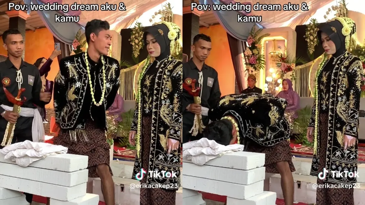 Viral aksi mempelai pria unjuk kekuatan di acara pernikahan, ekspresi pengantin wanita tersipu malu