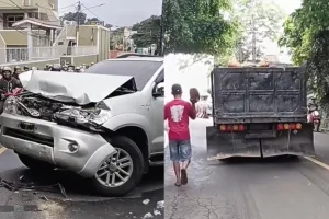 Aksi heroik istri polisi korbankan Fortuner demi tahan truk mundur karena patah as roda