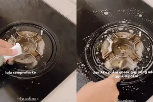 Wanita ini punya trik usir noda kerak tungku kompor tanpa direndam air panas, cuma pakai 3 bahan dapur